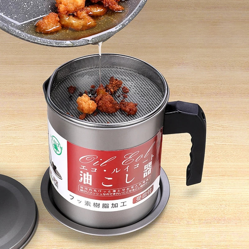 Stainless Steel Grease Container with Strainer for Kitchen Oil Reuse